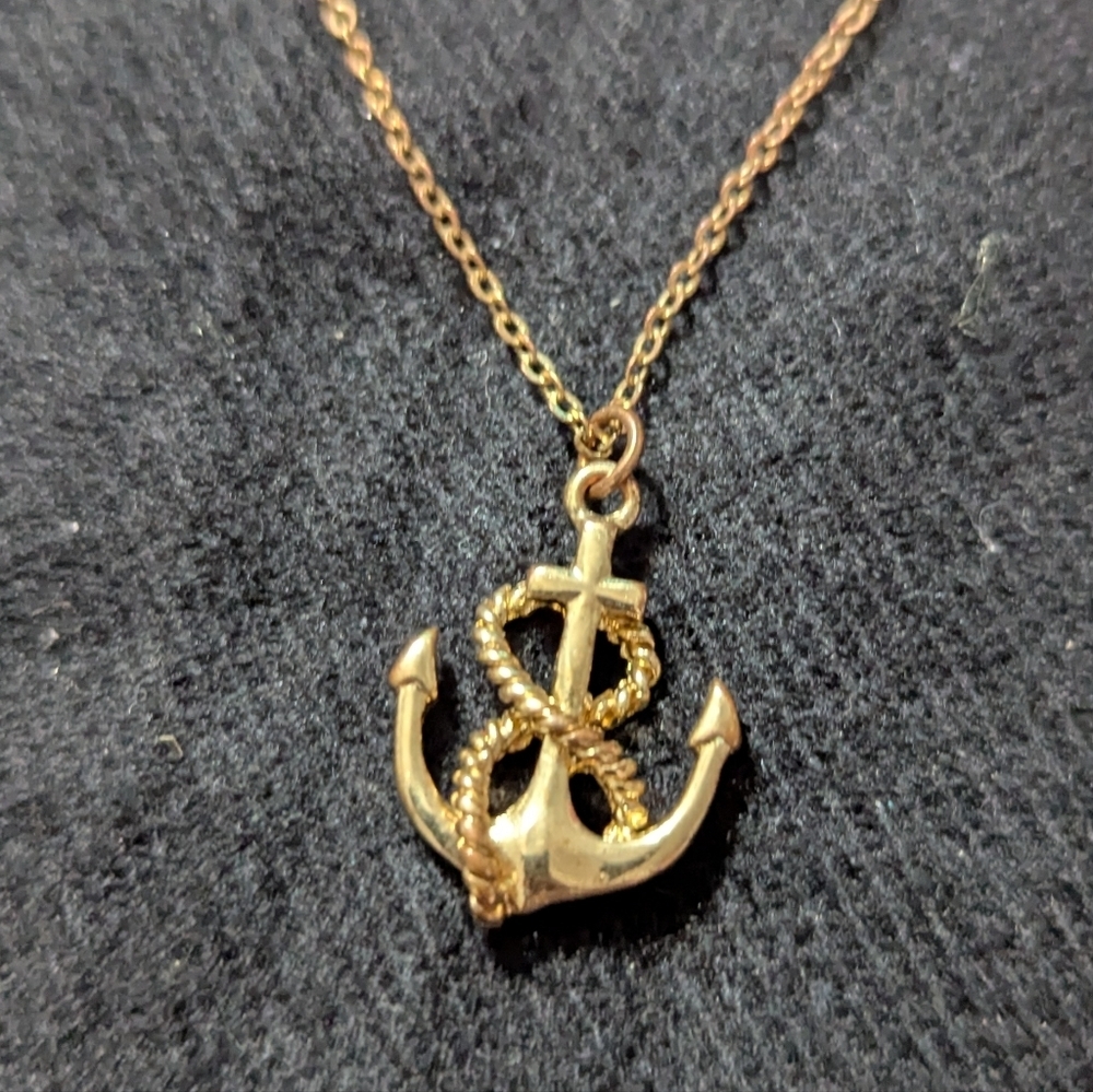 Gold Tone Anchor And Rope Nautical Pendant Statement Necklace